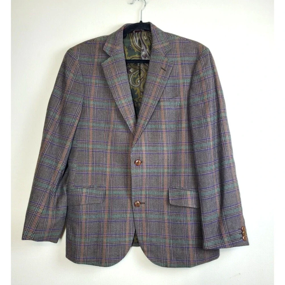 ETRO Mens Blazer 48 Suit Jacket 100% WOOL Plaid Made‎ In Italy Brown Silk Lined
